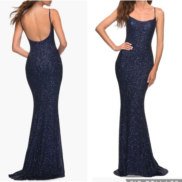 La Femme Dresses & Skirts - La Femme Style 30707 Sequin Trumpet Gown Open Back Dress in Navy Blue Size 0 NWT